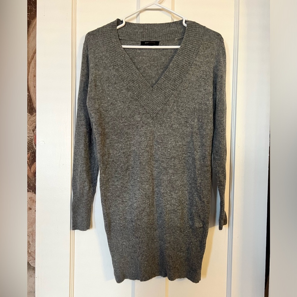 BCBGMaxAzria Vintage Angora and Wool Blend Gray V-Neck Sweater Mini Dress